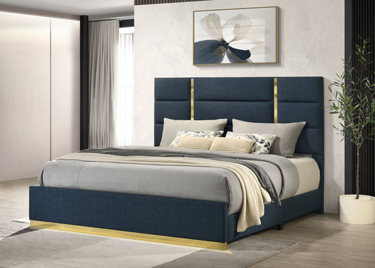 Ines 52-inch Fabric Upholstered Eastern King Panel Bed Navy