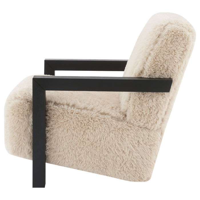 Fitzroy Faux Fur Upholstered Chair Solid Wood Arms Latte