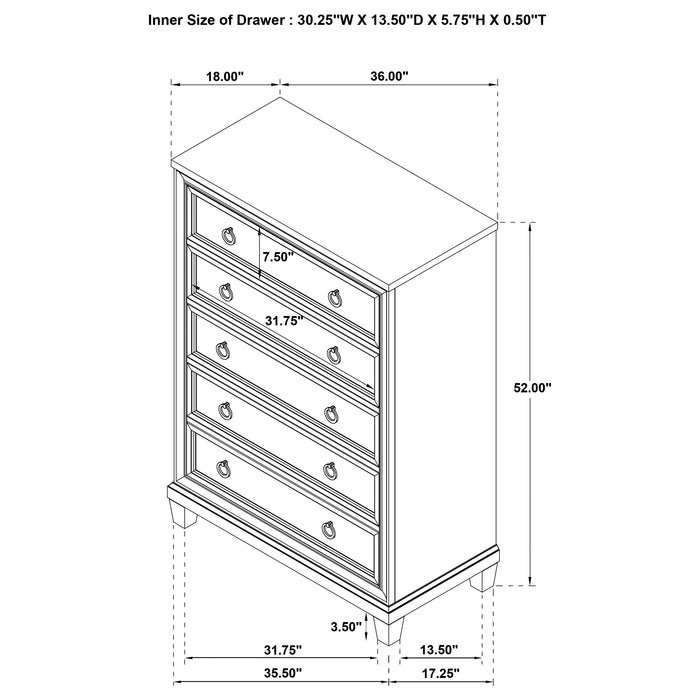 Pembroke 5-drawer Chest of Drawers Washed Oak