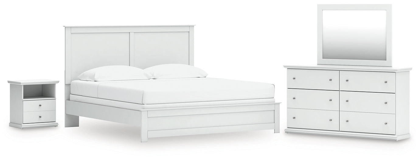 Bostwick Shoals King Panel Bed with Mirrored Dresser and Nightstand