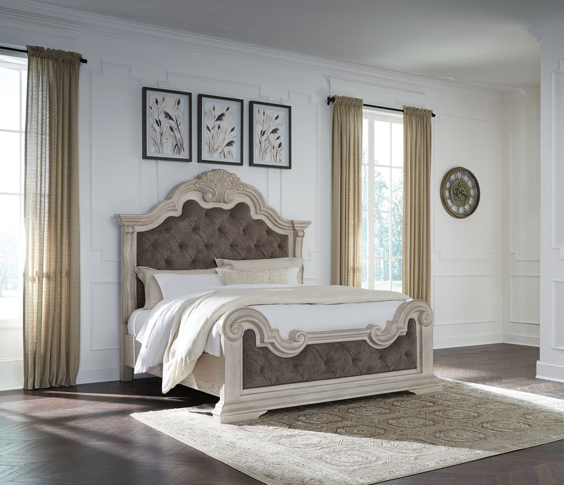 Bruchandi King Upholstered Panel Bed with Mirrored Dresser