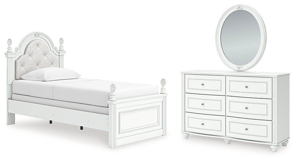 Kozlani Twin Upholstered Panel Bed, Dresser and Mirror